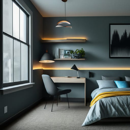 Contemporary bedroom with grey walls and LED lighting.