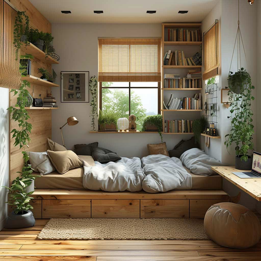 Nature-inspired bedroom with wooden elements and greenery.