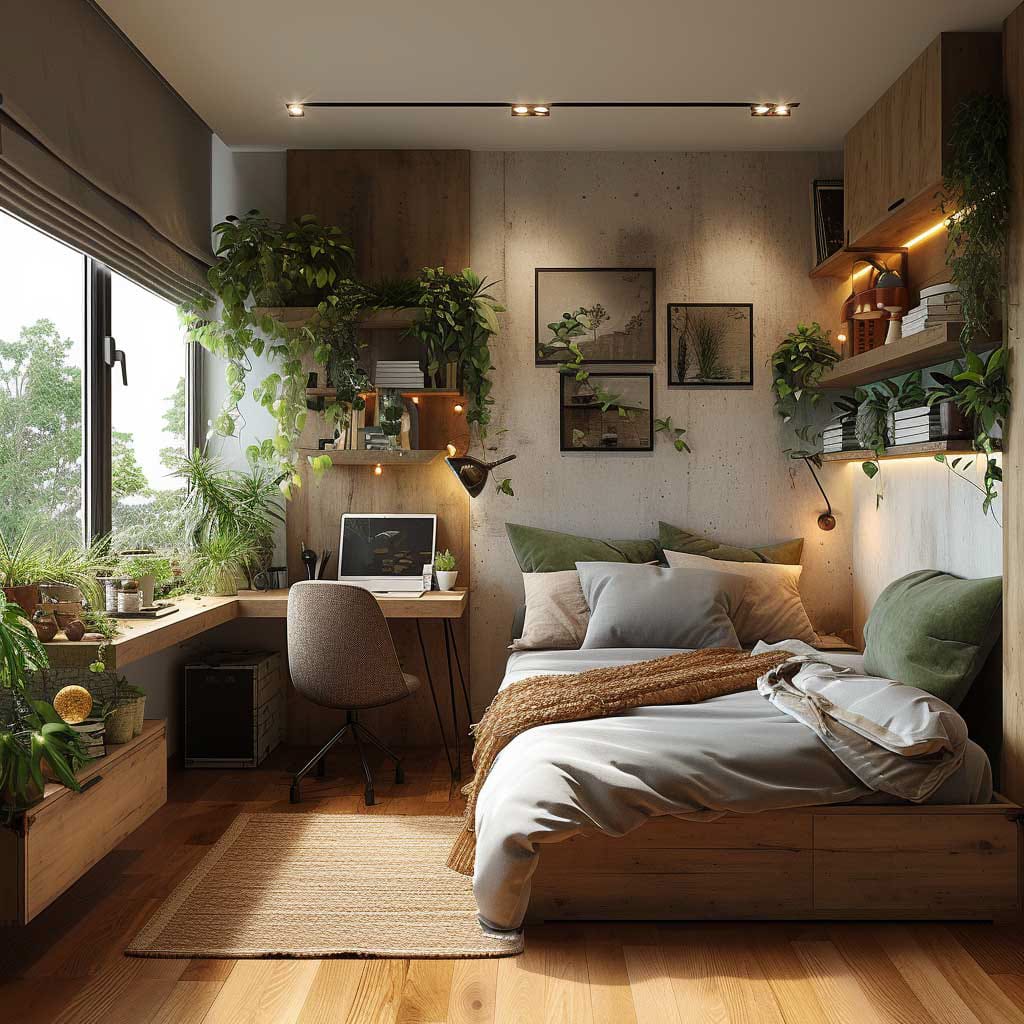 A cozy bedroom with wooden furniture, plants, and soft lighting, creating a natural and peaceful atmosphere.