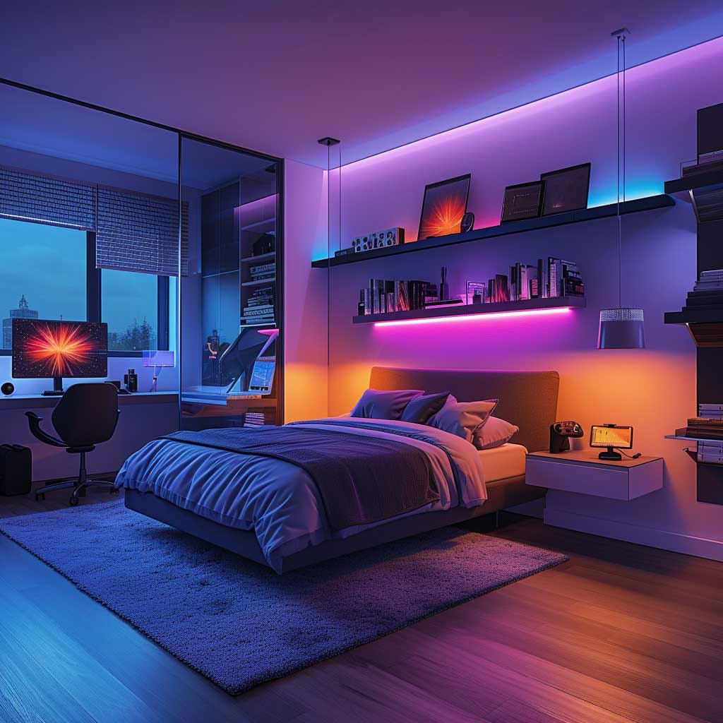 A modern bedroom with sleek furniture and vibrant LED lighting, giving it a futuristic atmosphere.