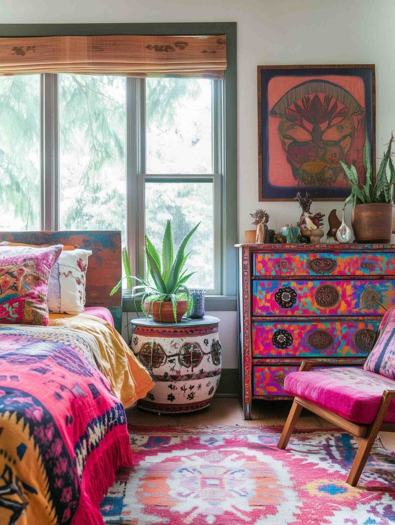 A vibrant and eclectic boho bedroom filled with bold colors and patterns. The bed features a bright pink, and mustard duvet with multiple colorful pillows. A unique painted chest of drawers displays intricate multicolored patterns, while a variety of houseplants and an aloe plant in a decorative pot add greenery to the space. The room is brightened by natural light coming from large windows, and a framed bohemian artwork hangs above the chest, completing the artistic and cozy atmosphere.