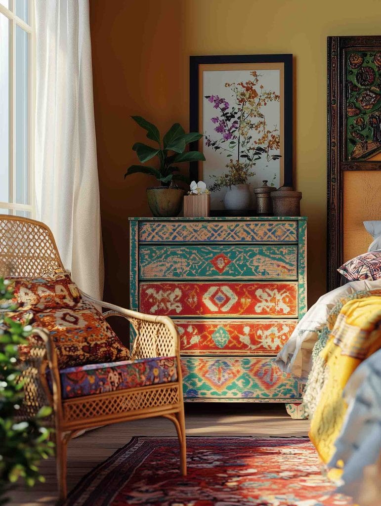 A vibrant boho-inspired bedroom featuring a colorful upcycled dresser with bold geometric patterns in turquoise, red, and orange. A wicker chair with a patterned cushion sits beside the dresser, adding texture and comfort. The room is warmly lit, and decorative plants and floral art enhance the eclectic and colorful vibe, creating a space full of personality.