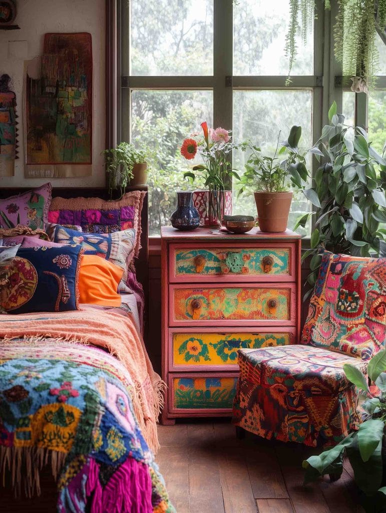 A colorful bohemian bedroom with a focus on plants and bold textile patterns. The bed is adorned with a collection of patterned pillows and a vibrant patchwork blanket. Beside the bed stands a small chest of drawers painted in cheerful orange, green, and yellow floral patterns. A mix of potted plants, vases, and blooming flowers decorates the space, adding a natural touch to the vivid room. A comfortable chair with matching fabric completes the look, making it a lively and cozy retreat.