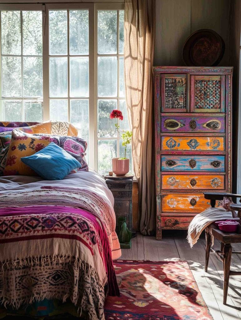 A vibrant boho-inspired bedroom with an upcycled dresser featuring bright, colorful patterns in shades of orange, purple, and blue. The bed is draped with bold and intricate textiles in pinks and purples, with patterned throw pillows. Natural light pours through large glass doors, illuminating a single red flower in a pot on a small side table, creating a lively and eclectic atmosphere.