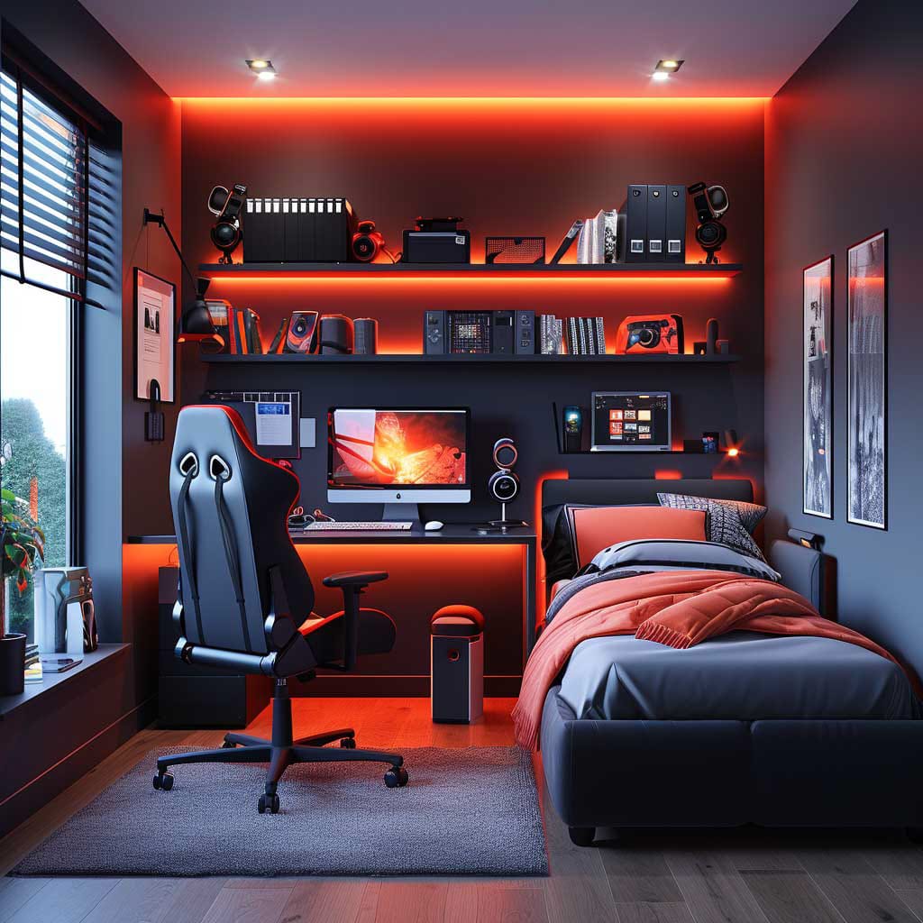 A sleek bedroom with a dark color scheme, red LED lighting, and an ergonomic gaming setup.