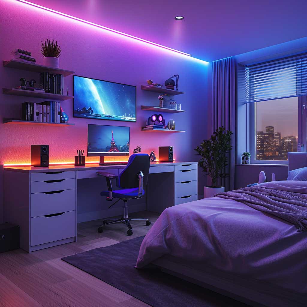 A bedroom with purple and blue LED lighting, modern furniture, and a spacious desk area.