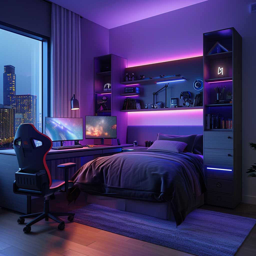 Teen bedroom with purple LED lighting, multiple monitors, and a sleek workstation.