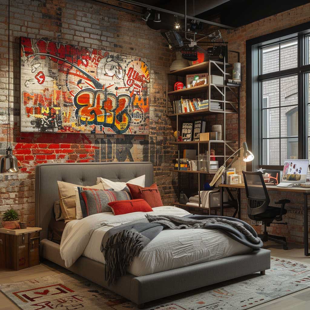 Teen bedroom with distressed brick walls, industrial lighting, and warm textiles.