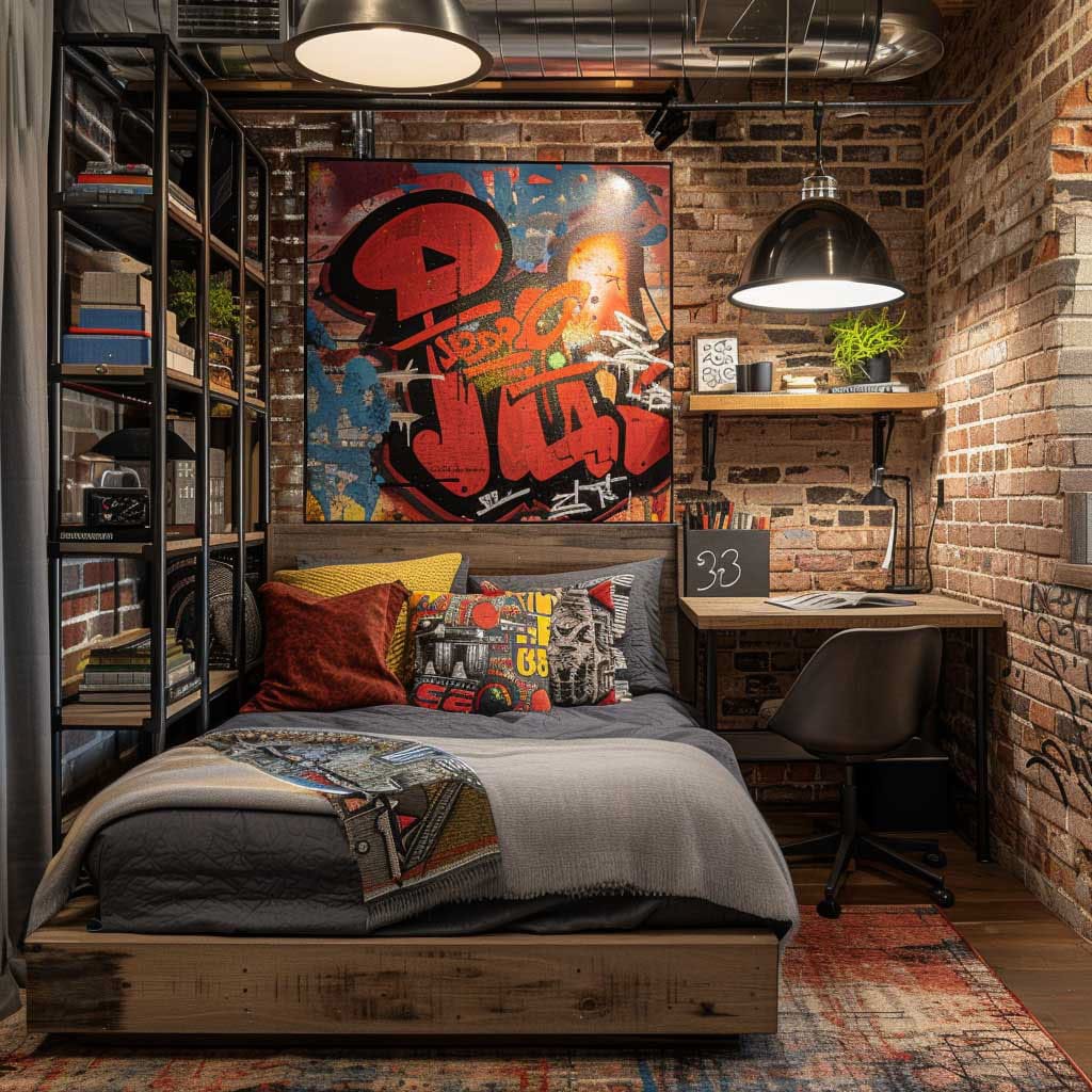 Modern loft-style bedroom with large windows, exposed brick, and metal shelves.