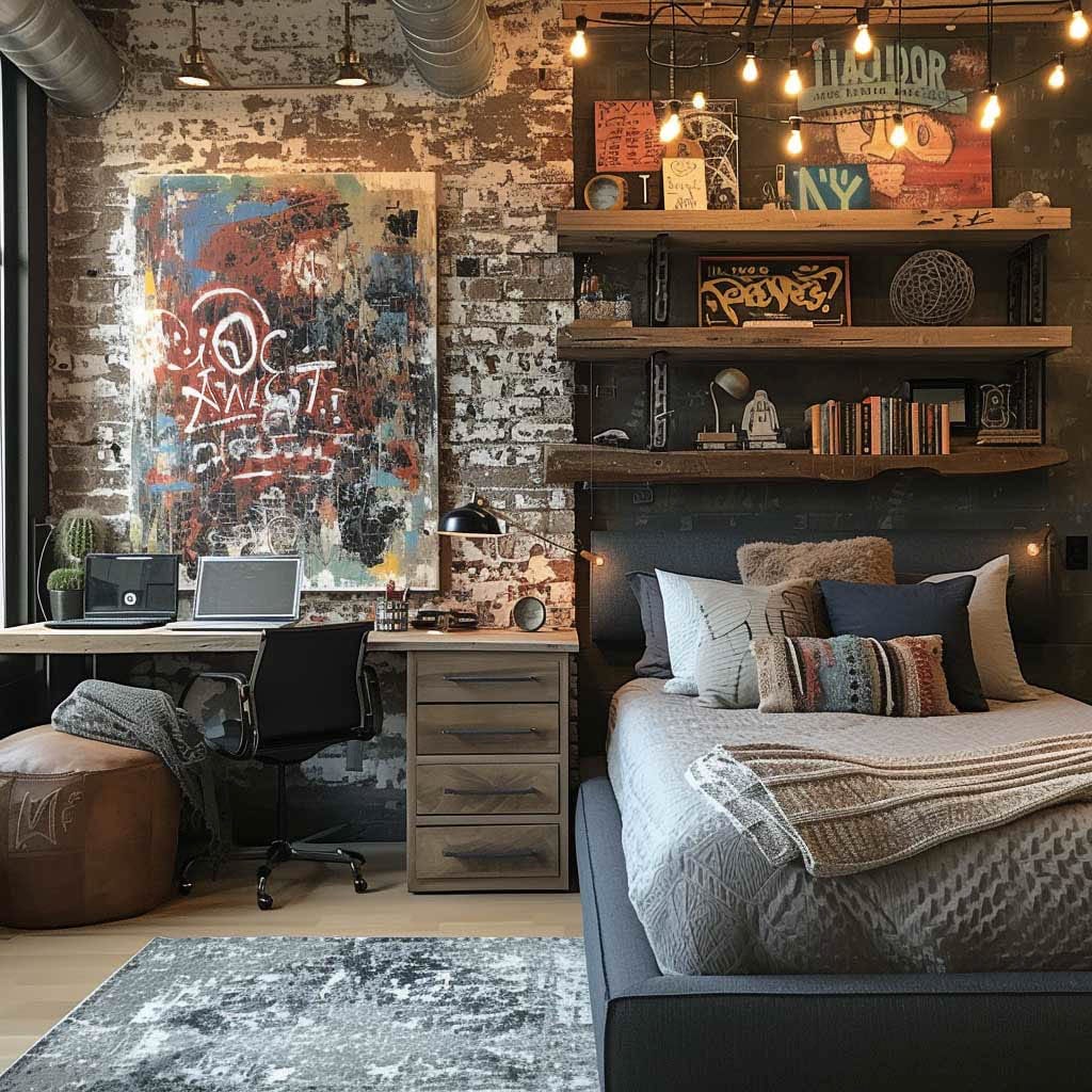 Bedroom with street art, bold red and gray tones, and industrial furnishings.