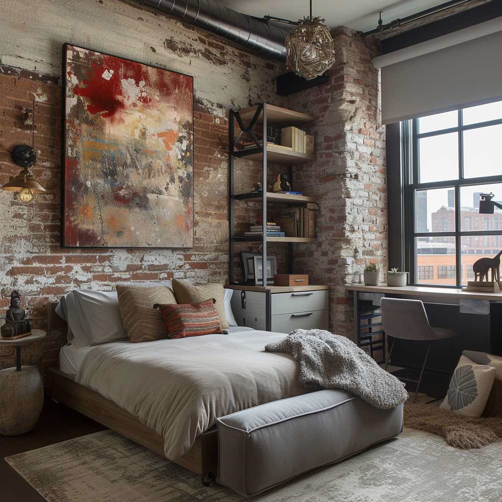 Teen bedroom with exposed brick walls, abstract artwork, and modern furniture.