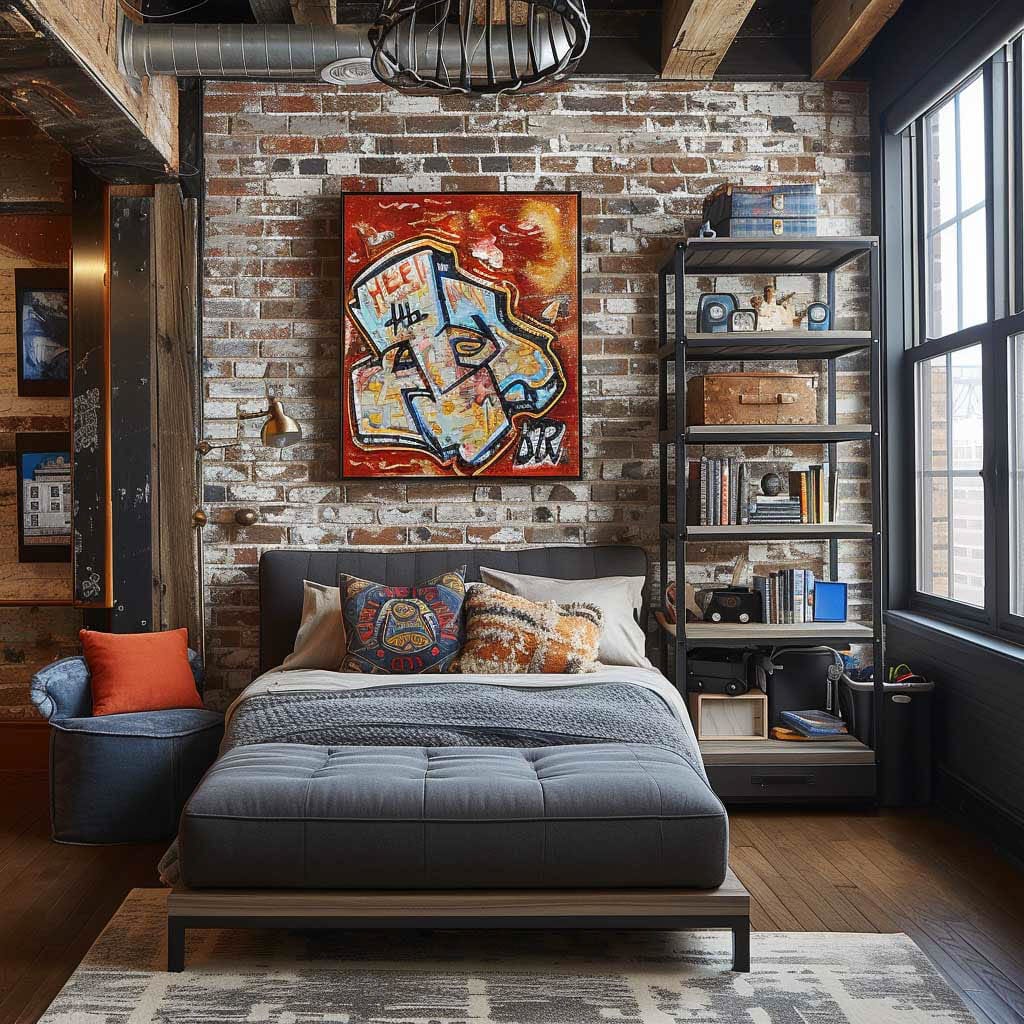 Teen bedroom featuring graffiti artwork, exposed brick, and industrial design elements.