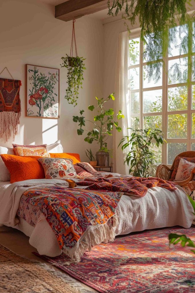 A vibrant, colorful bedroom with bold orange and red bedding featuring intricate patterns and textures. The space is filled with bright sunlight pouring in through large windows, with lush greenery placed around the room. A mix of floral pillows and bohemian artwork on the wall adds to the eclectic, lively feel, while a hanging plant brings in a natural touch.