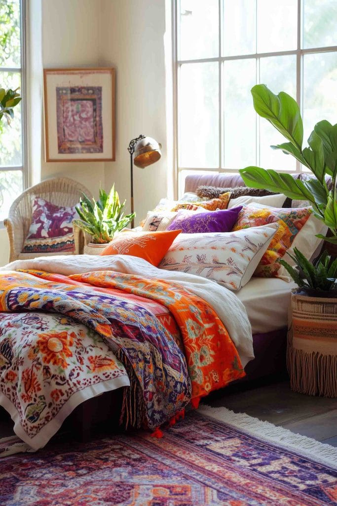 A vibrant, eclectic bedroom filled with colorful, bold patterns. The bed is adorned with a mix of bright pillows and a variety of richly patterned blankets in orange, purple, and red tones. Potted plants and a wicker chair add a touch of nature, while a large window fills the room with light, enhancing the playful, bohemian style.