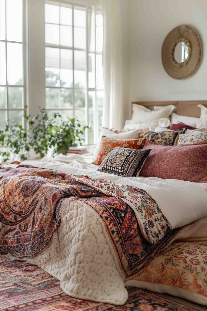 A serene bedroom with large windows letting in soft natural light. The bed is covered in a combination of richly patterned quilts and throws in shades of burgundy, rust, and cream. A variety of pillows with intricate designs add texture to the space, and a round woven mirror hangs above the bed. Potted plants on the window sill add greenery to the neutral-toned room.