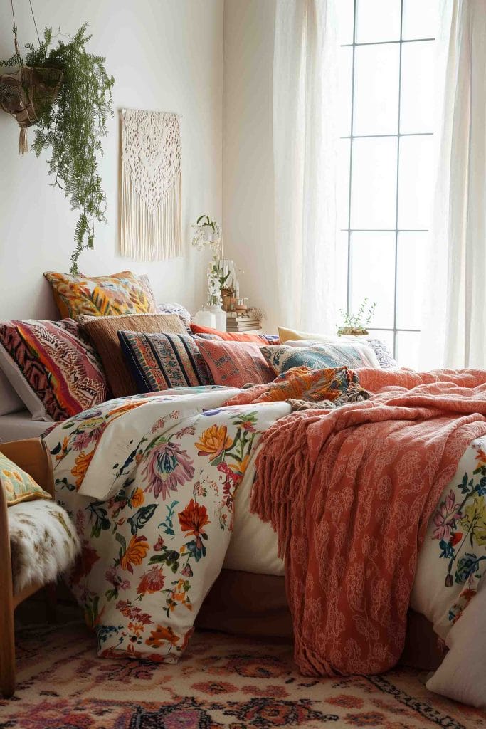 A bright bohemian bedroom featuring floral-patterned bedding in vibrant shades of orange, pink, and green. A coral-colored throw is draped across the bed, which is accented by a variety of textured pillows. A macramé wall hanging, indoor plants, and natural light from large windows complete the fresh, inviting look.