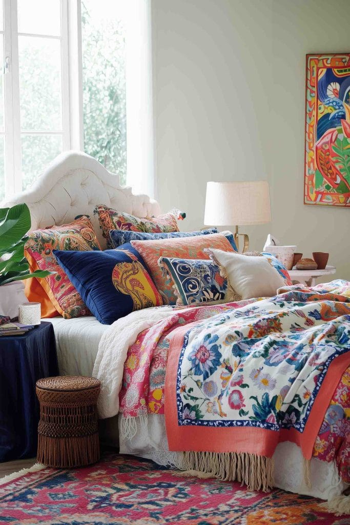 A bright and eclectic bedroom with bold, colorful bedding that features floral and geometric patterns in vibrant tones of blue, orange, and red. The bed is adorned with an array of pillows, including a deep blue velvet one that adds a luxurious touch. The room is decorated with lively artwork and natural light flows in from large windows, creating a cheerful and dynamic atmosphere.