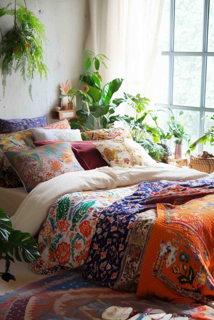 A vibrant, bohemian bedroom filled with lush greenery and bold, colorful bedding. The bed is adorned with various patterned pillows and blankets in rich hues of orange, purple, and green, creating a lively, eclectic atmosphere. Hanging plants and large potted plants by the window add a natural element to the space, which is flooded with soft light from the windows.