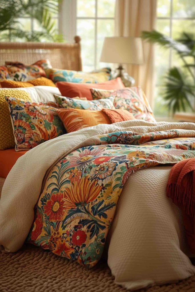 A bright and tropical bedroom featuring vibrant floral-patterned bedding with rich orange, yellow, and teal tones. A mix of colorful pillows adds texture and depth, while the bed itself is layered with soft, light-colored quilts. The room is filled with natural light from large windows, with lush green plants providing a fresh, lively ambiance.