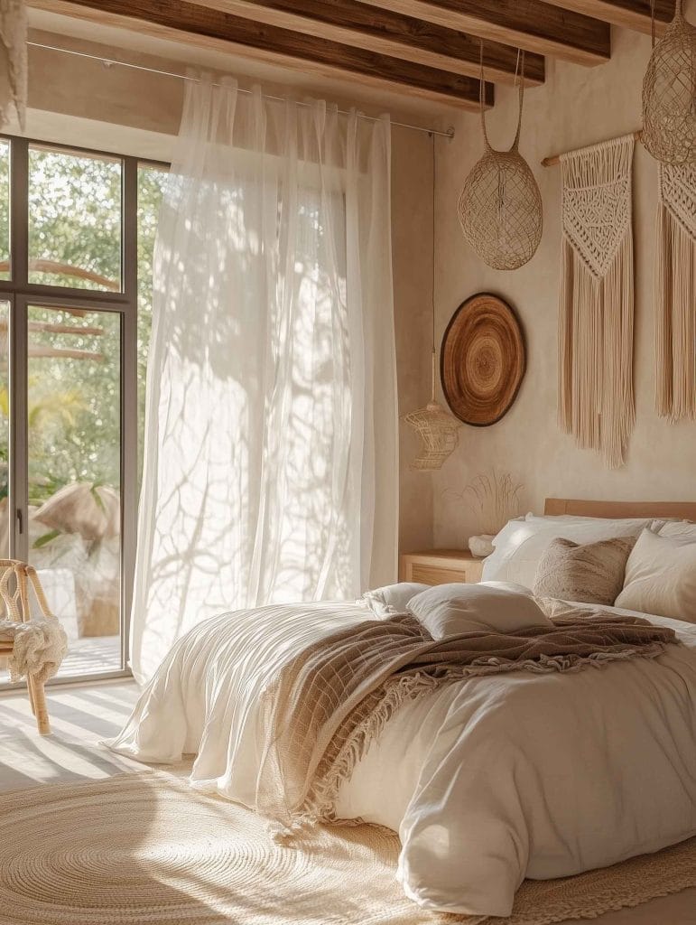 A serene, sunlit bedroom with a minimalist aesthetic. Light filters through sheer curtains, casting soft shadows on a cozy bed dressed in neutral white and beige linens. The walls are adorned with woven and macramé decor, with natural textures and soft tones, creating an inviting, calm, and airy feel in the space.