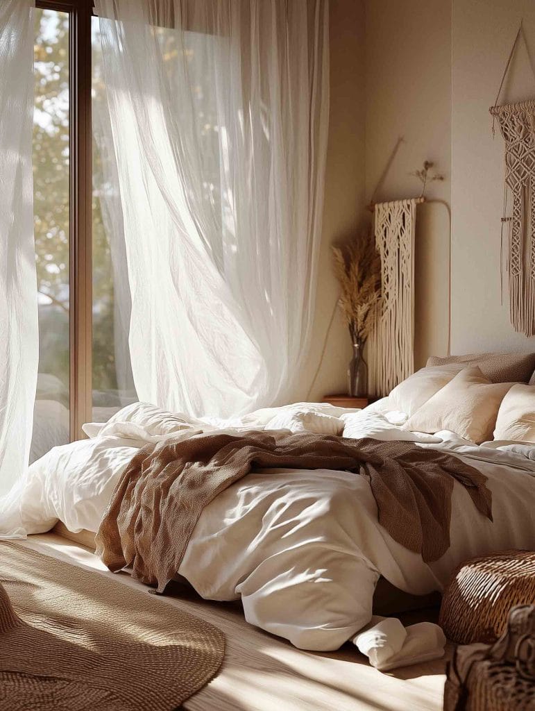 A serene and natural bedroom with a cozy bed covered in white linens and soft beige accents. The large windows are draped with light, flowing sheer curtains that allow natural sunlight to flood the space. Bohemian touches like woven baskets, a macramé wall hanging, and earthy tones enhance the tranquil, nature-inspired atmosphere, while the soft lighting creates a calm, peaceful vibe.