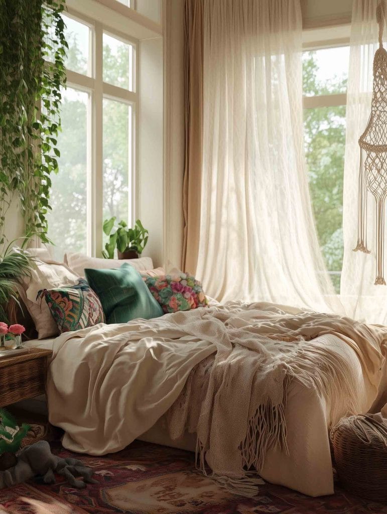 A cozy boho bedroom with large windows draped in sheer curtains, allowing soft sunlight to fill the room. The bed is adorned with textured throws, and vibrant green plants hang from the ceiling, blending nature with the interior. A patterned rug anchors the room, enhancing the calm, natural atmosphere.