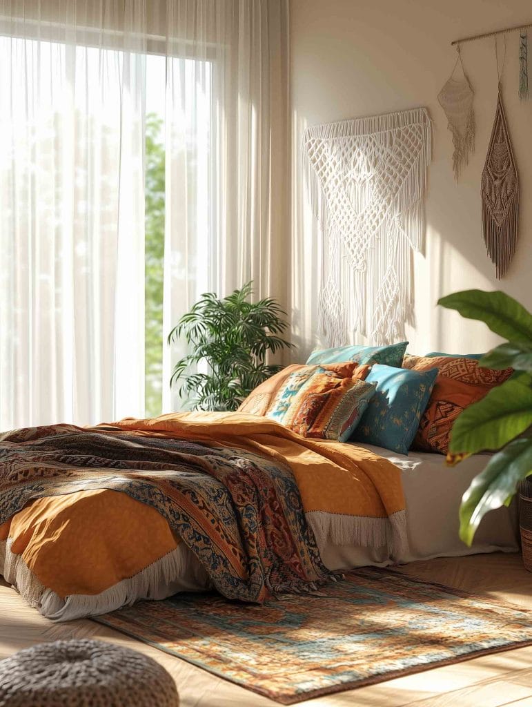 A bright and eclectic bohemian bedroom featuring bold mustard and turquoise bedding with intricate patterns. Sheer curtains adorn the windows, letting in ample natural light. A vibrant patterned rug lies on the floor, while houseplants in the corners and macramé wall hangings add an earthy, relaxed touch to the overall colorful and artistic room decor.