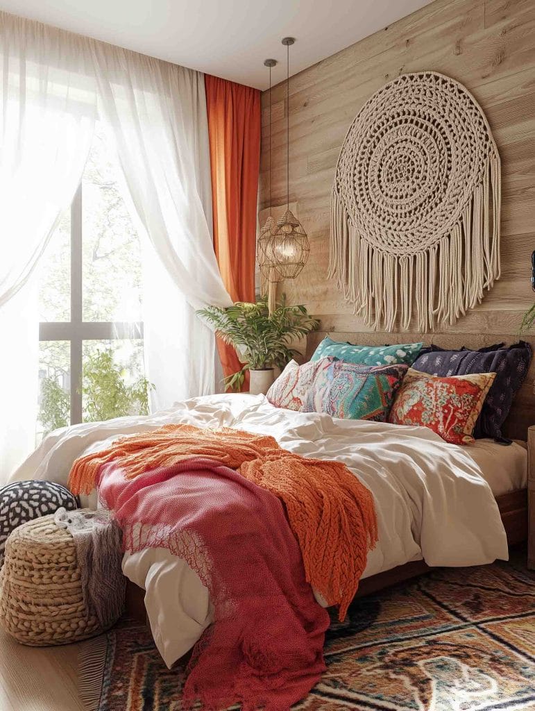 A bright, airy bedroom with bohemian decor, featuring a wooden accent wall and macramé wall art above the bed. The bed is covered with colorful pillows and throws in warm oranges and reds, and natural light streams through sheer curtains, creating a light and breezy vibe. The overall aesthetic combines texture, color, and light for a cozy and vibrant space.