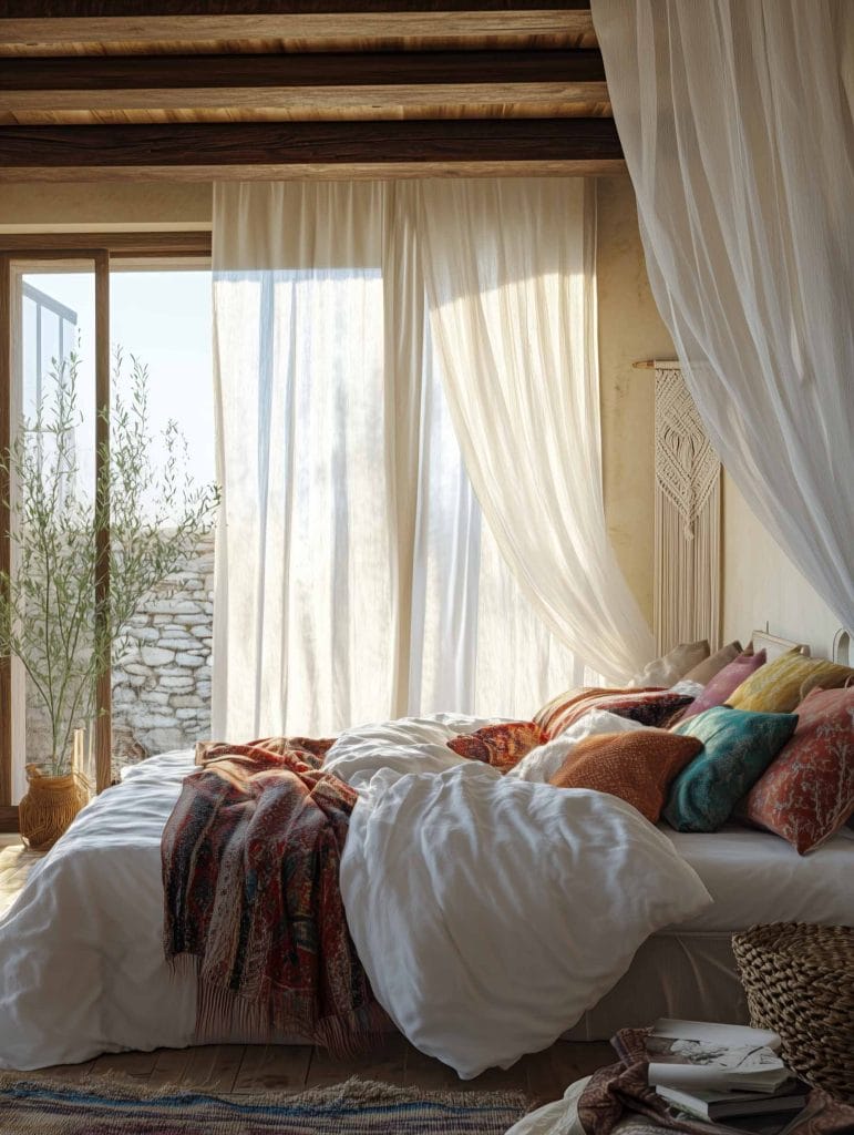 A bright and inviting boho bedroom bathed in soft sunlight. The bed is styled with a mix of vibrant and neutral pillows, while the flowing sheer curtains enhance the light, airy atmosphere. The wooden ceiling beams add a rustic charm, and the décor features colorful throws and pillows, creating a cozy yet lively retreat with a mix of textures and patterns.