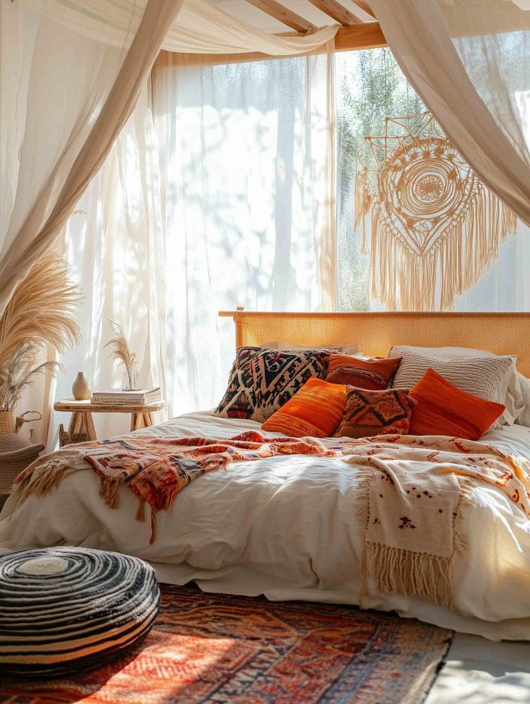 A relaxed and sunny bedroom with sheer curtains filtering soft natural light into the space. The bed is draped in neutral linens with vibrant orange and terracotta pillows, complemented by an array of woven textiles. A bohemian atmosphere is created with macramé wall decor and layered rugs, bringing warmth and texture to the space.