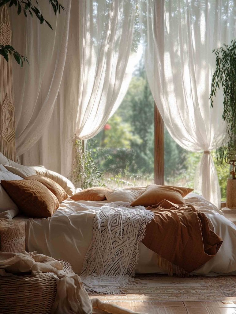 A peaceful bohemian-style bedroom with light, natural tones. The bed is dressed with a mix of earthy brown pillows and a soft white throw. Sheer curtains frame the large window, allowing sunlight to gently stream in, while the greenery outside complements the natural and serene ambiance inside the room. Woven baskets and macramé accents complete the cozy and tranquil atmosphere.