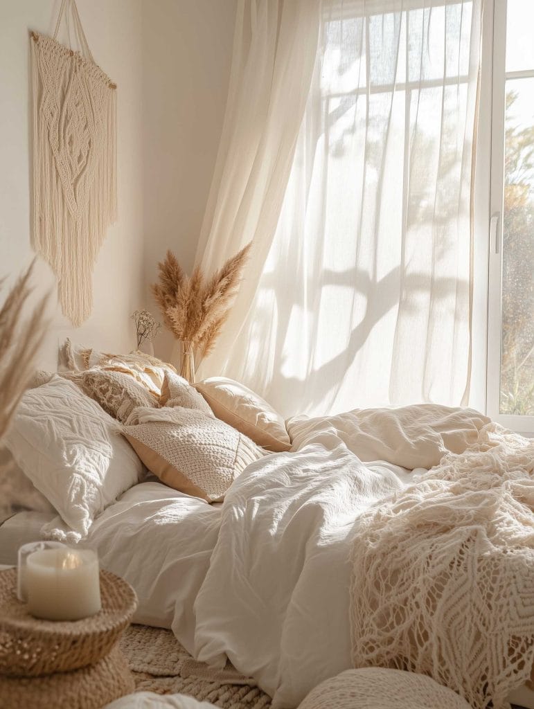 A soothing, neutral-toned bedroom with an emphasis on soft textures and natural light. Sheer curtains allow sunlight to gently illuminate the bed, which is dressed in white linens and chunky knit throws. Macramé wall hangings and pampas grass add texture to the minimalist decor, creating a light, airy, and peaceful atmosphere.