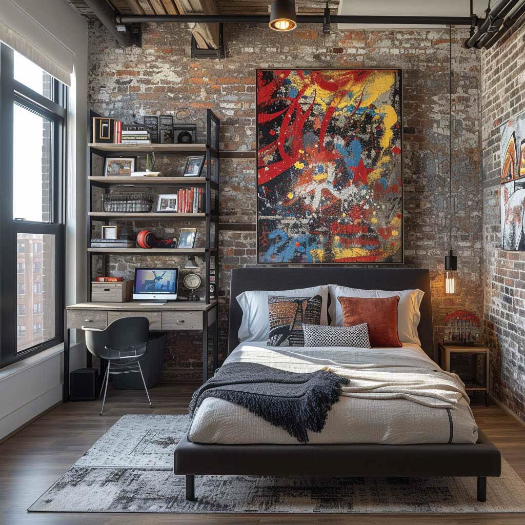 Teen loft with colorful wall art, exposed brick, and industrial-style furniture.