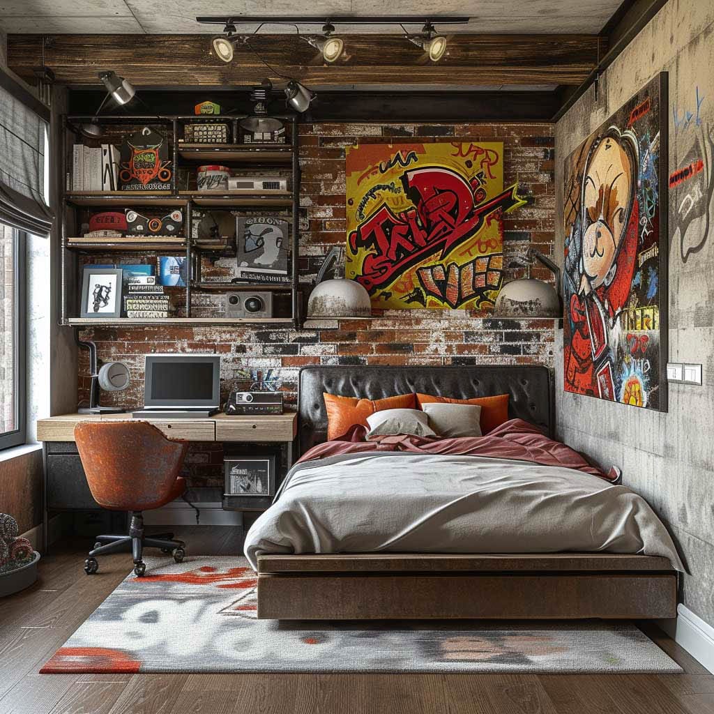 Teen bedroom with eclectic graffiti art, industrial shelving, and urban decor.