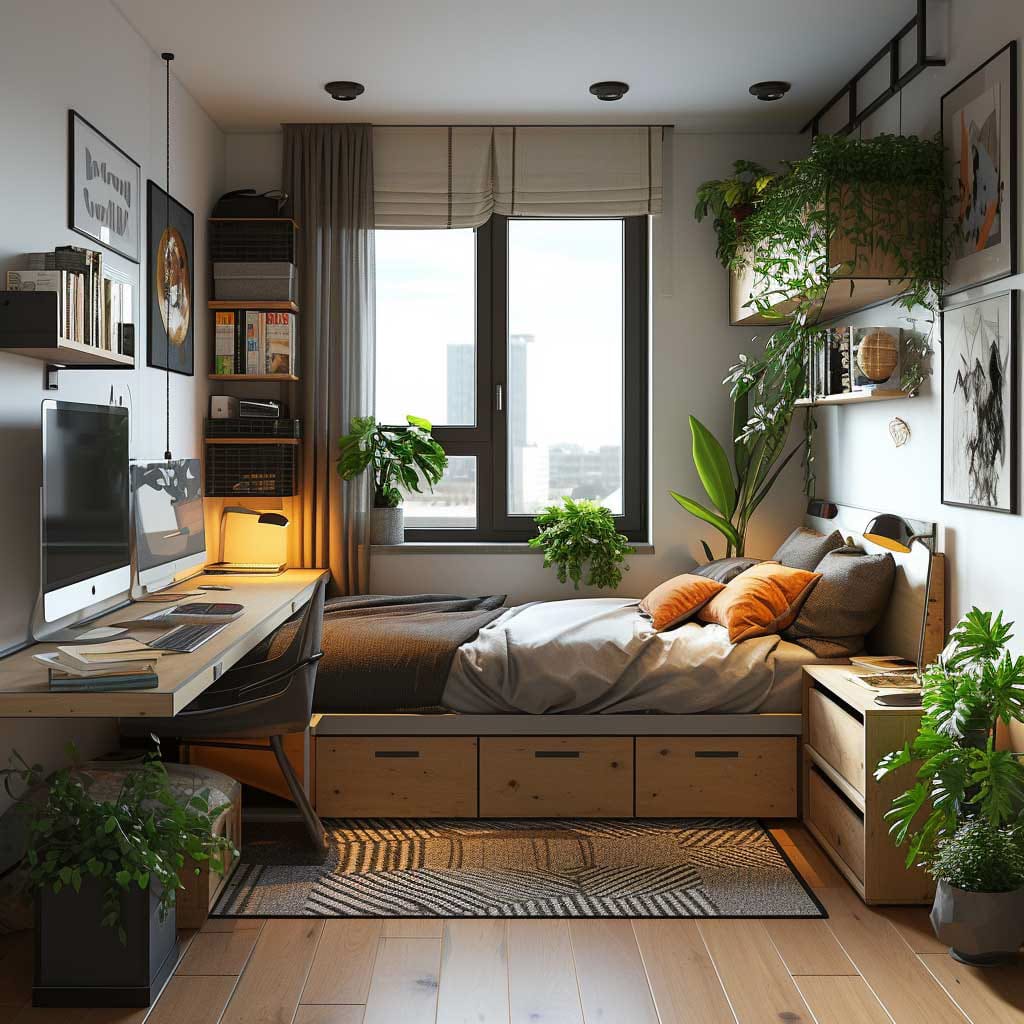 Teen bedroom filled with greenery, natural light, and wooden furniture.