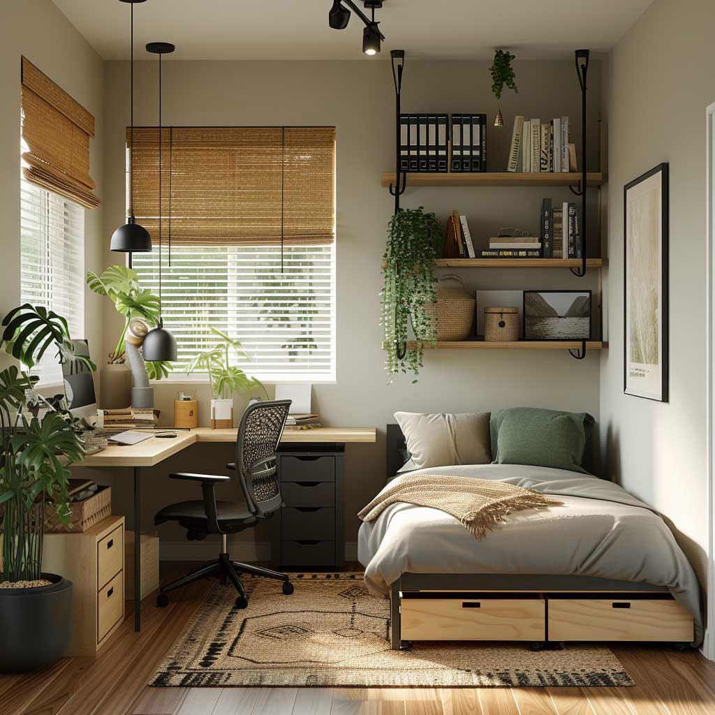 Compact bed with storage and a corner desk surrounded by plants and earthy tones.