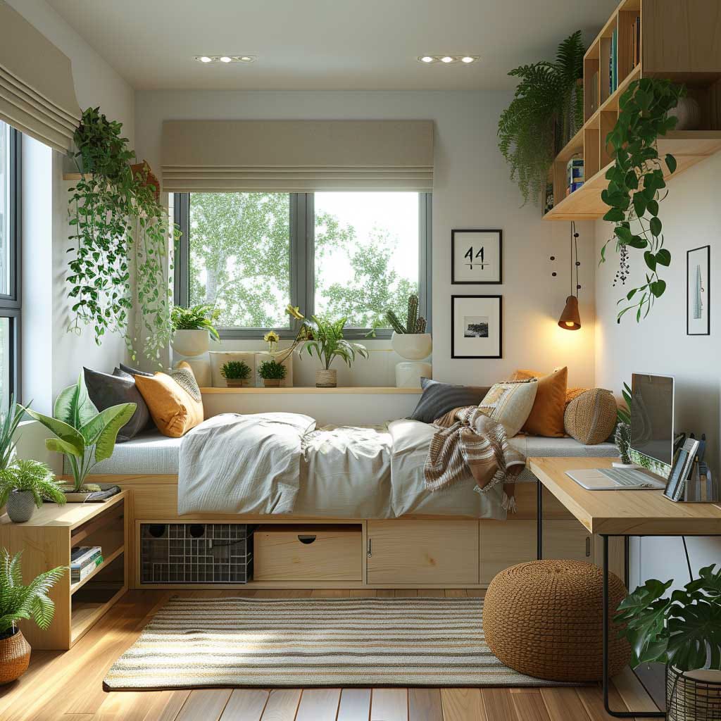 Bright space with a bed near the window, plenty of shelving, and natural light with green plants.