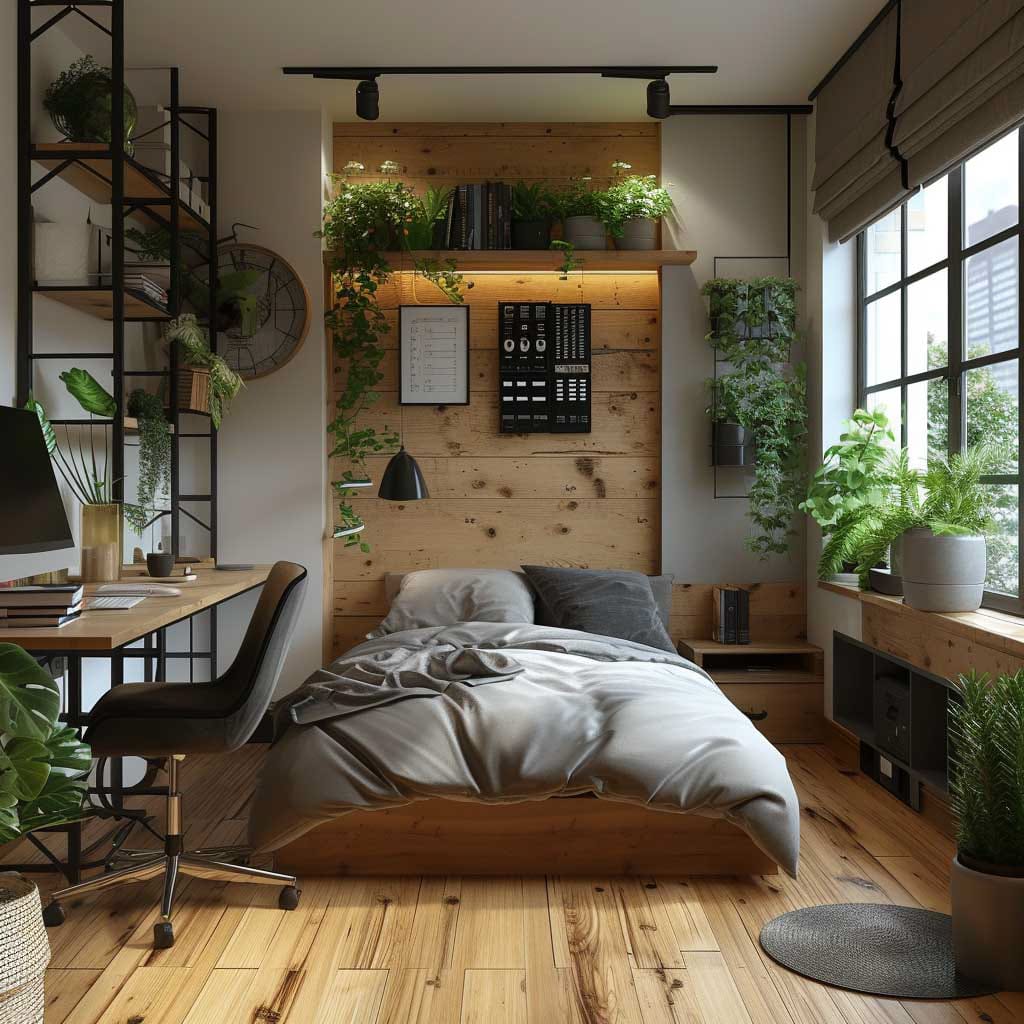 Bedroom with a wooden headboard, simple decor, and lots of plants for a natural feel.