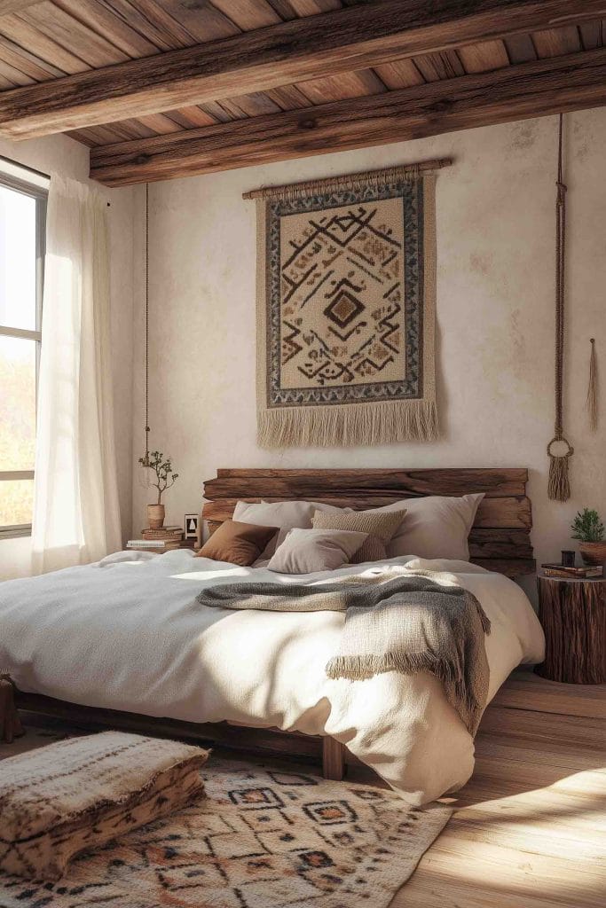 A serene, minimalist bedroom featuring a large rustic wooden bed frame with soft white bedding and neutral accent pillows. Above the bed, an Aztec-inspired wall hanging adds texture, while wooden beams on the ceiling and a natural wood nightstand enhance the earthy, organic feel of the room. Sunlight streams through the large windows, creating a warm and inviting atmosphere.