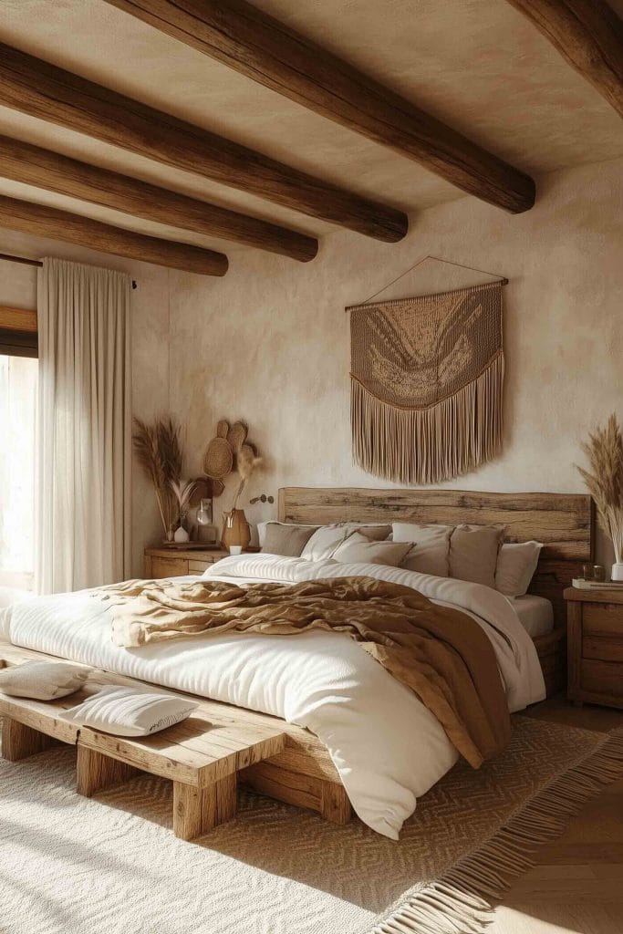 A rustic bedroom featuring natural wood accents, with a simple wooden bed frame and textured bedding in beige and white tones. The walls are decorated with a large macrame wall hanging, and the ceiling showcases exposed wooden beams, adding warmth and character to the space. The room is softly lit by natural sunlight, creating a cozy and peaceful environment.