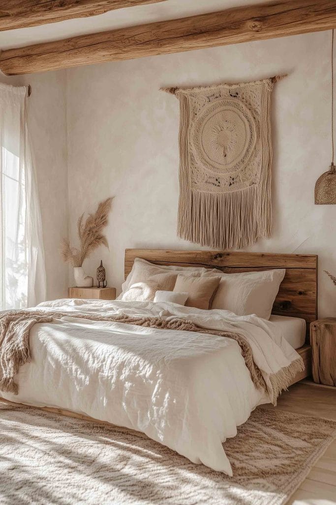 A cozy bedroom with a natural wood bed frame, light linen bedding, and a fringed wall hanging above the bed. The neutral palette includes beige and cream tones, with a textured blanket draped across the bed. Rustic wooden beams, natural light, and pampas grass in a vase add to the tranquil, earthy aesthetic.