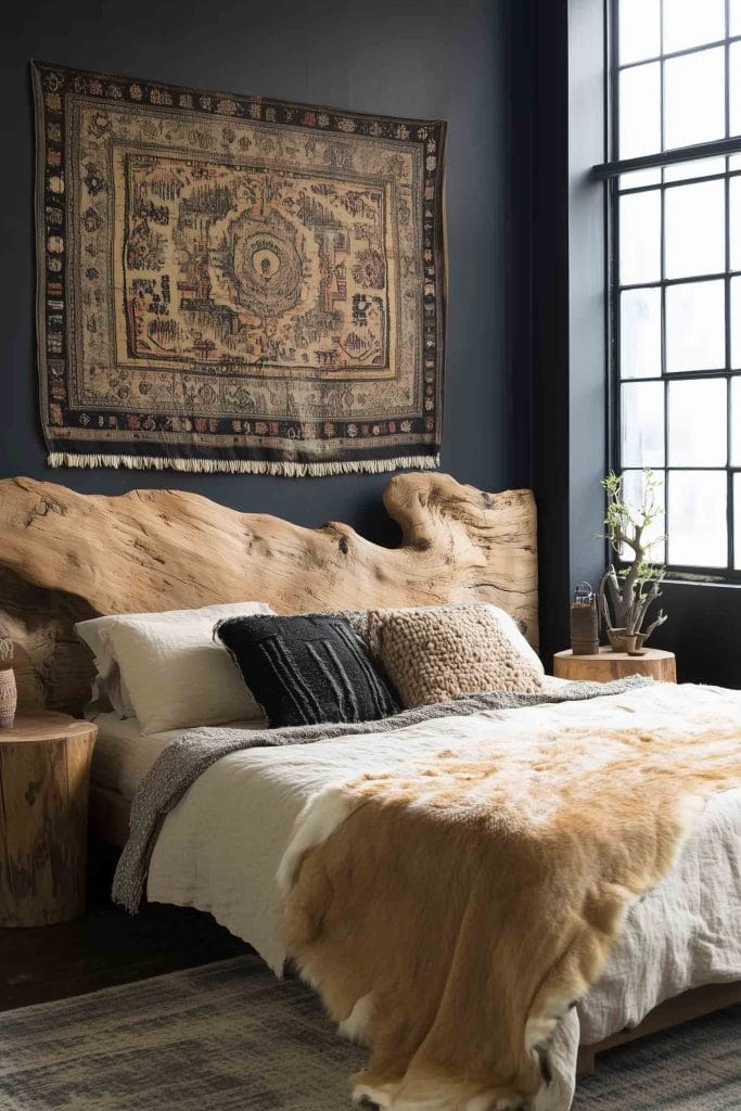 A rustic bedroom with a dark wood bed frame that features an organic, live-edge headboard, creating a natural, rugged look. The bed is draped in neutral linens with fur and knitted blankets for added warmth and texture. The walls are painted in a deep, moody color, with a large tapestry hanging above the bed. A large window brings in soft light, complementing the earthy tones and materials.