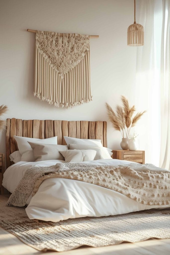 A bright, minimalist bedroom featuring a large macramé wall hanging and a bed with a natural wooden headboard. The bed is layered with white and neutral-toned bedding, complemented by textured throws. Pampas grass in ceramic vases on the side tables, a woven pendant light, and natural light flooding through sheer curtains complete the soft, rustic look.