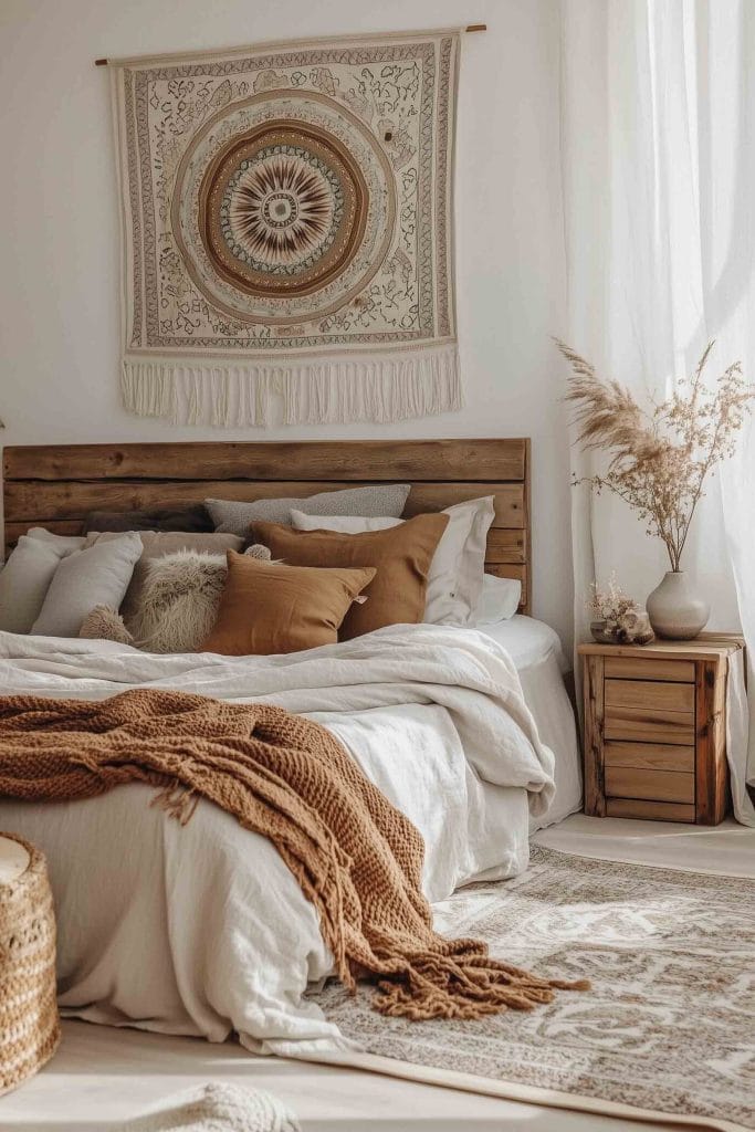 A cozy, neutral-toned bedroom with natural wood furnishings and warm earthy tones. The bed is covered in soft white linens with a chunky knit blanket and pillows in shades of beige and brown. A large decorative tapestry hangs above the bed, and dried pampas grass adds a soft, organic element. The room is filled with gentle natural light streaming through sheer curtains.