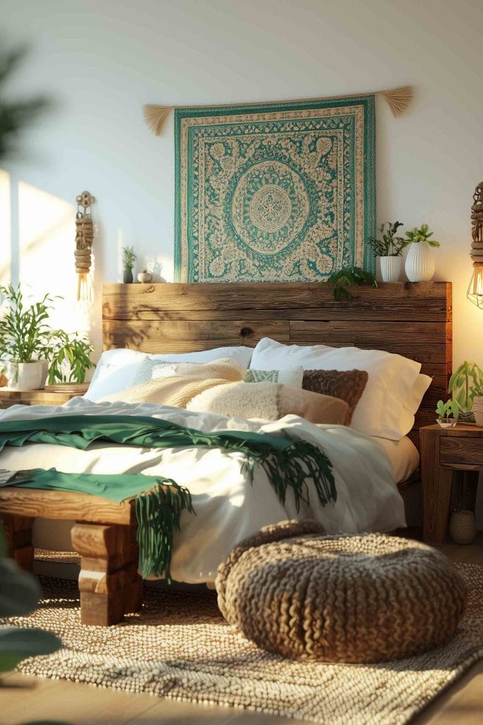 A cozy bohemian bedroom with a rustic wooden bed frame and a teal-and-gold tapestry hanging above. The bed is styled with soft, neutral linens, green accents, and a chunky knit pouf at the foot. Potted plants, wooden nightstands, and woven textures contribute to the warm, earthy feel of the room, with natural light enhancing the tranquil ambiance.