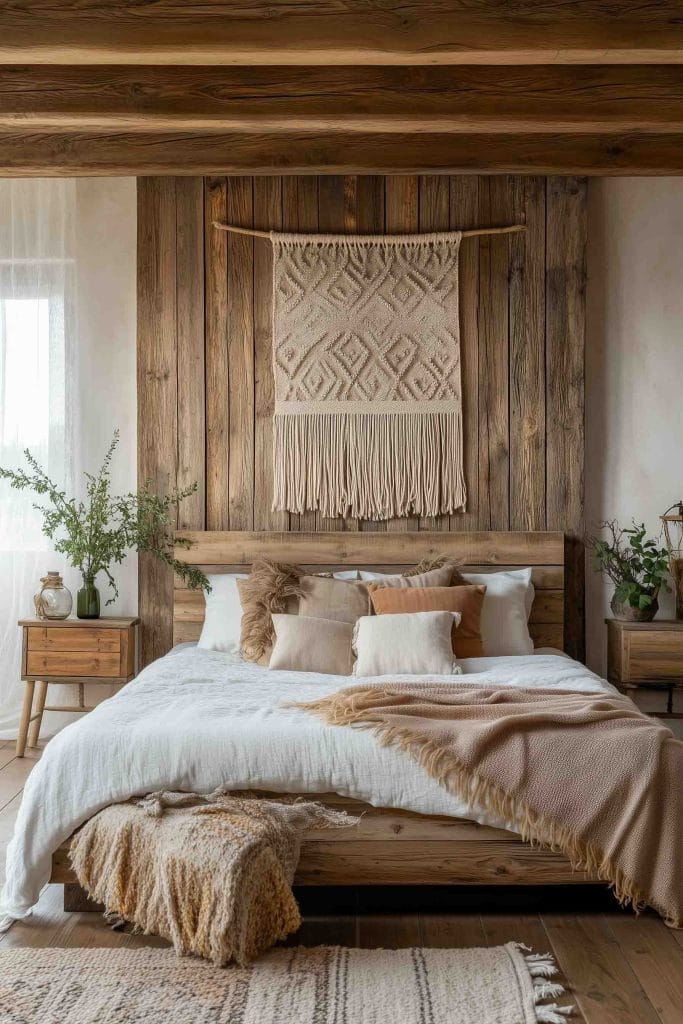 A warm and inviting rustic bedroom featuring a wooden bed frame and textured white linens. Earth-toned pillows and a fringed blanket provide comfort, while a macrame wall hanging complements the natural, wooden accent wall. The room has a minimalist feel, with potted plants on wooden side tables and soft, filtered light enhancing the peaceful atmosphere.