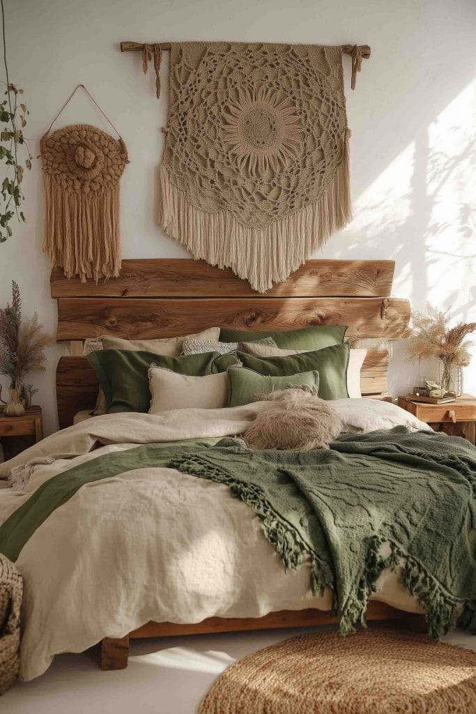 A cozy boho bedroom featuring a wooden bed frame and headboard, dressed in linen bedding with green accents. Above the bed, intricate macramé wall hangings add texture and warmth. The earthy tones are complemented by wooden nightstands, woven decor, and natural light filtering into the room, creating a serene and natural aesthetic.