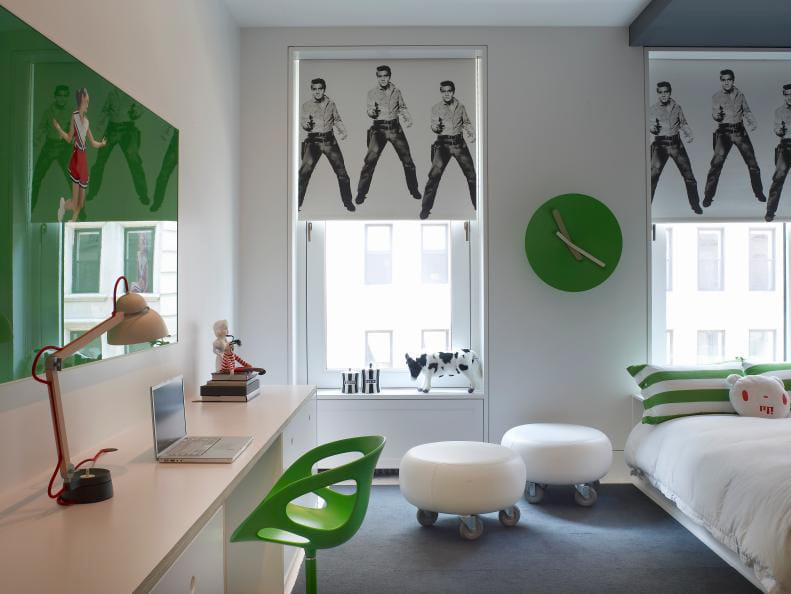 A modern teen boy's bedroom with green accents and Elvis Presley window shades.