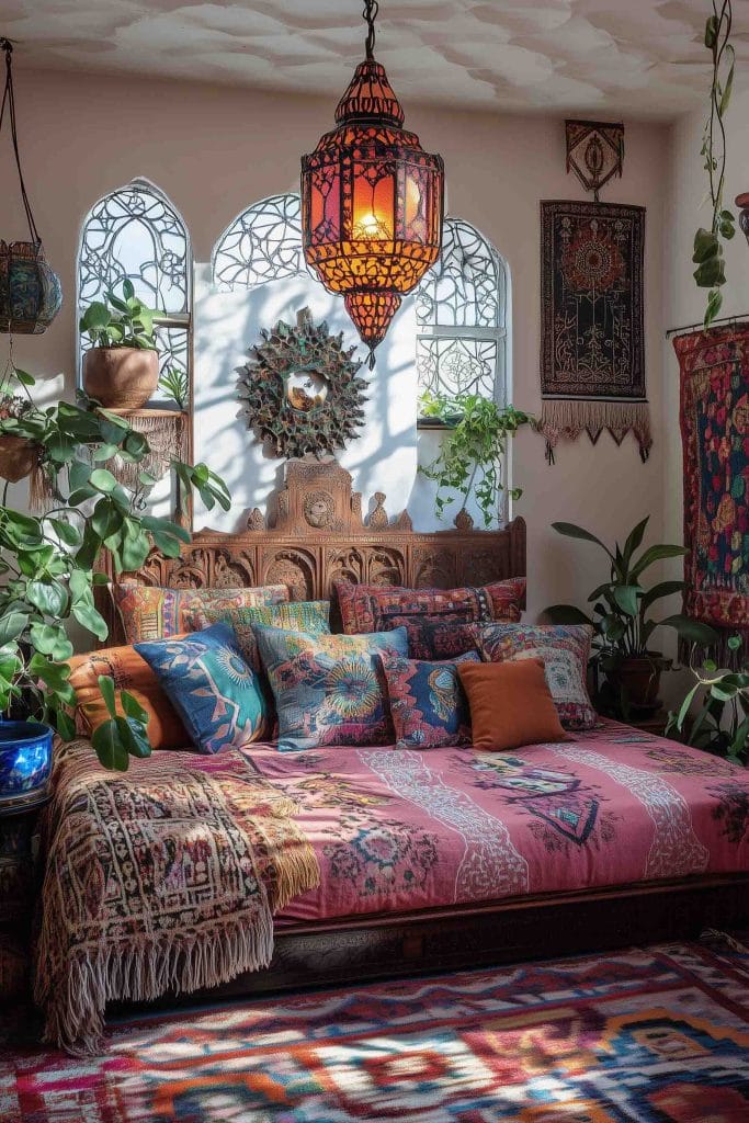 A warm and inviting rustic bedroom featuring a wooden bed frame and textured white linens. Earth-toned pillows and a fringed blanket provide comfort, while a macrame wall hanging complements the natural, wooden accent wall. The room has a minimalist feel, with potted plants on wooden side tables and soft, filtered light enhancing the peaceful atmosphere.