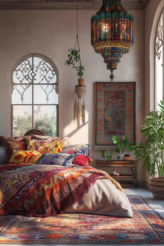 A vibrant boho bedroom featuring a bed with bold, colorful bedding adorned with rich patterns in reds, yellows, and blues. Above the bed hangs a large, ornate stained-glass lantern that casts a warm glow. The space includes intricate decorative elements like a hanging plant in macramé and a woven tapestry, all brought together with a bright, patterned vintage rug.